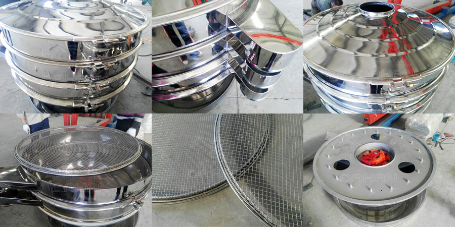 藕粉振動(dòng)篩細(xì)節(jié)：鎖緊扣，出料口，防塵蓋，篩網(wǎng)，振動(dòng)底座。