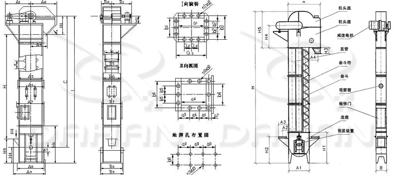 TD/D型斗式提升機(jī)基本結(jié)構(gòu):機(jī)頭蓋，機(jī)頭座，減速電機(jī)，直管，底座，緊張裝置等。