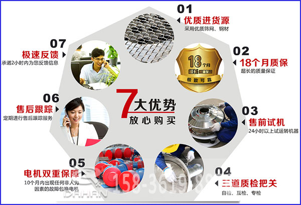 大漢食品振動(dòng)篩的7大優(yōu)勢(shì)：優(yōu)質(zhì)進(jìn)貨源，售后跟蹤，售前試機(jī)等。