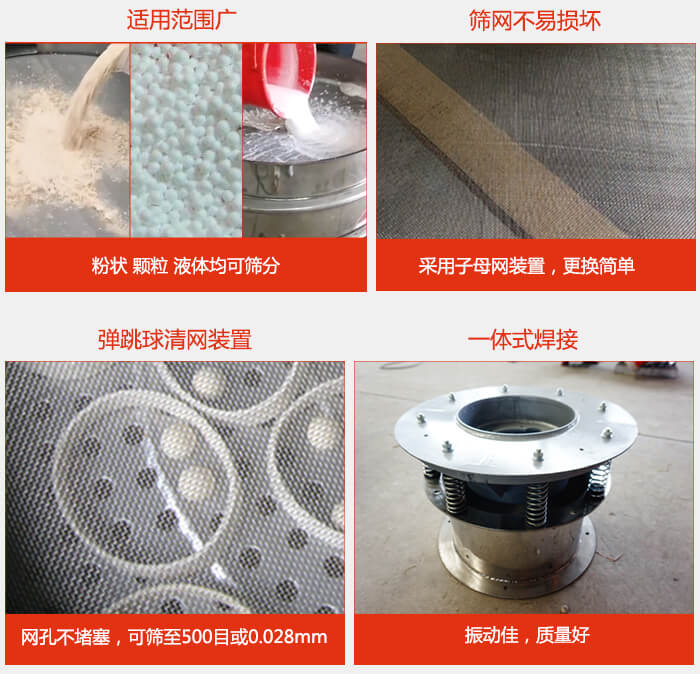 食品振動(dòng)篩特點(diǎn)：1，效率高？：效率高，設(shè)計(jì)精巧耐用，任何粉類，粘液軍可篩分。2，操作簡單采用優(yōu)質(zhì)材料，換網(wǎng)容易，操作簡單，清洗方便。3，網(wǎng)孔不堵塞粉末不飛揚(yáng)，可篩至500目或0.028mm4，精細(xì)做工產(chǎn)品經(jīng)過嚴(yán)格加工程序，做工精細(xì)美觀耐用。5，獨(dú)特網(wǎng)架設(shè)計(jì)篩網(wǎng)使用時(shí)間長久，換網(wǎng)只需3-5分鐘。