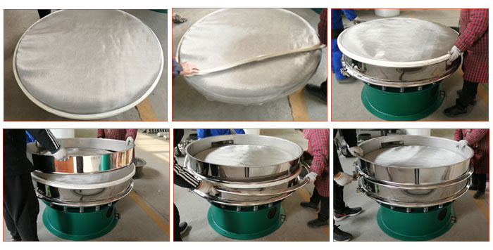 食品振動(dòng)篩網(wǎng)安裝步驟3，將密封圈安裝到網(wǎng)架周圍，將篩框放到網(wǎng)架上，并利用束環(huán)將上下兩層篩框固定在一起。