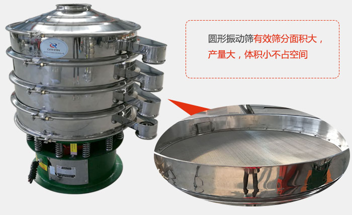 圓形振動(dòng)篩有效篩分面積大，產(chǎn)量大，體積小不占空間。