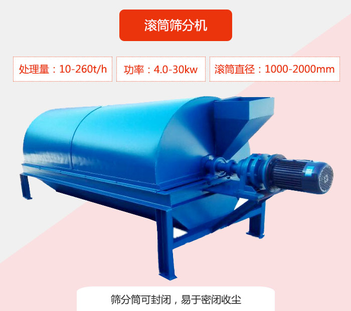 滾筒篩分機(jī)：處理能力：10-260t/h  功率：4.0-30kw 滾筒直徑：1000-2000mm 篩分筒可封閉，易于密閉收塵