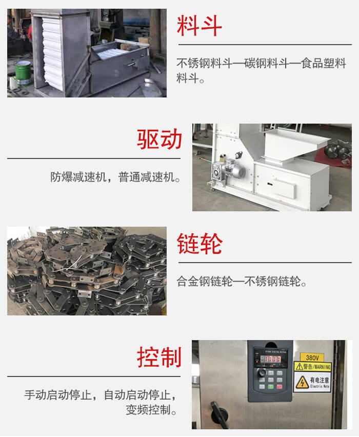 z型斗式提升機(jī)料斗：不銹鋼料斗-碳鋼料斗-食品塑料料斗。驅(qū)動(dòng)裝置采用的式防爆減速機(jī)，普通減速機(jī)兩種。鏈輪采用合金鏈輪-不銹鋼鏈輪控制器：手動(dòng)啟動(dòng)/停止，以及自動(dòng)啟動(dòng)停止。