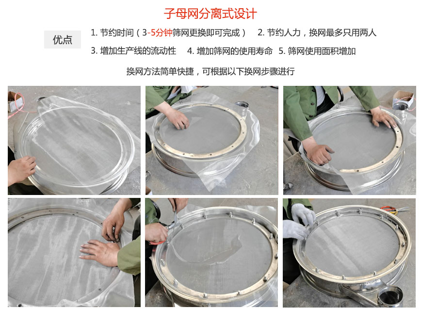 大漢振動(dòng)機(jī)械換網(wǎng)優(yōu)勢(shì)：1，節(jié)省時(shí)間（3-5分鐘篩網(wǎng)更換即可完成）2，節(jié)省人力，換網(wǎng)只有兩人。3.增加生產(chǎn)線的流暢性。4.增加篩網(wǎng)壽命，彈跳球不直接撞擊子網(wǎng)。5.篩網(wǎng)使用面積增加。