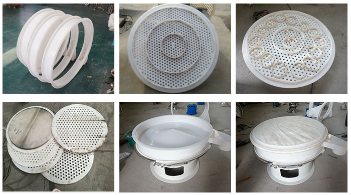 塑料防腐旋振篩配件：振動篩底座，篩框，防塵蓋，篩網(wǎng)，振動電機座。