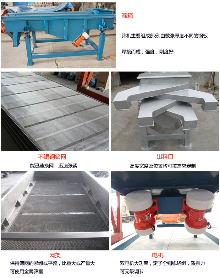 520型直線振動篩結(jié)構(gòu)：篩箱：篩機主要組成部分，由數(shù)張厚度不同的鋼板焊制而成，強度，剛度好。不銹鋼篩網(wǎng)：能迅速換網(wǎng)，迅速張緊。電機：雙電機大功率，定子全銅線繞組，激振力可無極調(diào)節(jié)。網(wǎng)架：保持篩網(wǎng)的緊繃和平整，比重大或產(chǎn)量大時可使用金屬篩框。出料口：高度寬度及位置均可按照用戶的要求來定制。