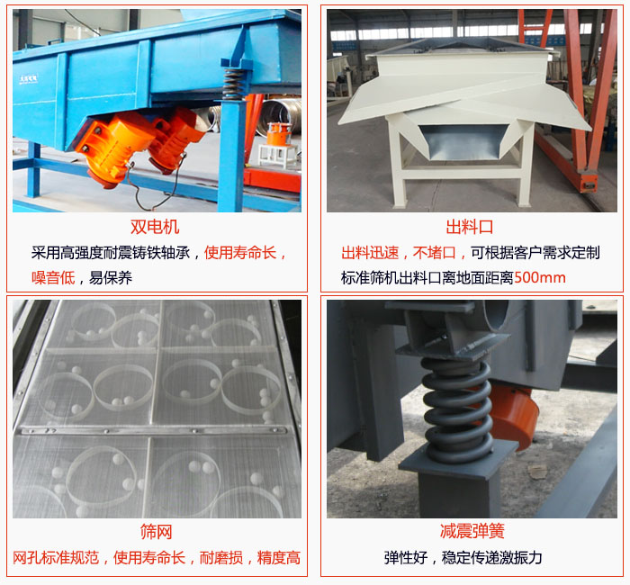 1030直線振動篩雙電機采用高強度耐震鑄鐵軸承使用壽命長、噪音低，易保養(yǎng)；出料口排料迅速，不堵口，可根據(jù)客戶需求定制，標準機器出料口離地面距離500mm;篩網(wǎng)網(wǎng)孔標準規(guī)范、使用壽命長，耐磨損、精度高；減震彈簧：彈性好，穩(wěn)定傳遞激振力。