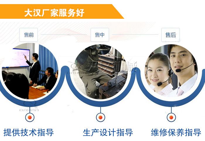 大漢廠家服務(wù)流程：售前-售中-售后：提供技術(shù)指導(dǎo)，生產(chǎn)設(shè)計指導(dǎo)，維修保養(yǎng)指導(dǎo)。