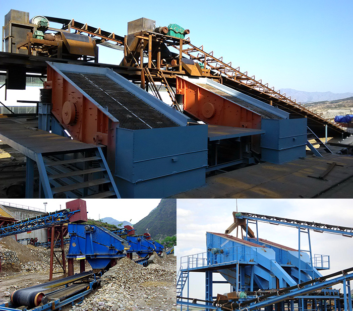 礦用振動(dòng)篩石子篩分現(xiàn)場(chǎng)。