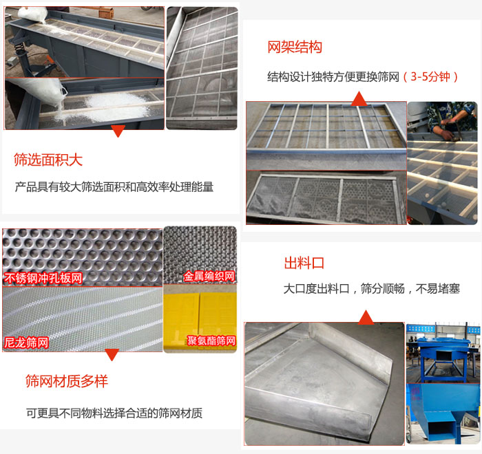 多層直線振動篩篩選面積大，網(wǎng)架結(jié)構(gòu)方便篩網(wǎng)更換，篩網(wǎng)可選：不銹鋼沖孔板，金屬編織，尼龍篩網(wǎng)，聚氨酯篩網(wǎng)等。