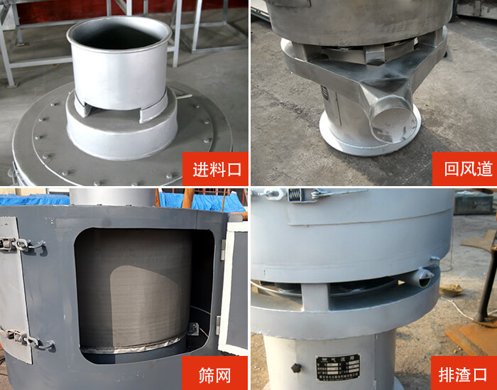 氣流篩分機進料口，回風(fēng)道，篩網(wǎng)，排渣口。