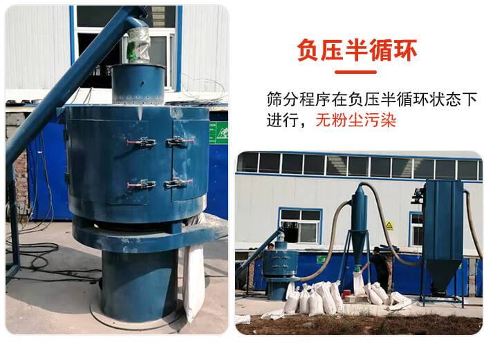 氣流篩負壓半循環(huán)，篩分程序在負壓版循環(huán)狀態(tài)下進行，無粉塵污染。