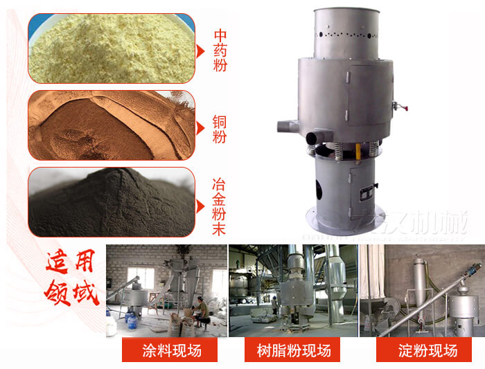氣流篩分機主要適用物料有中藥粉，銅粉，冶金粉末等。