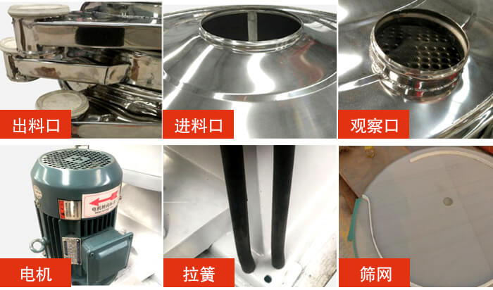 搖擺篩細(xì)節(jié)展示：出料口，進(jìn)料口，觀察口，電機(jī)，拉簧，篩網(wǎng)等。