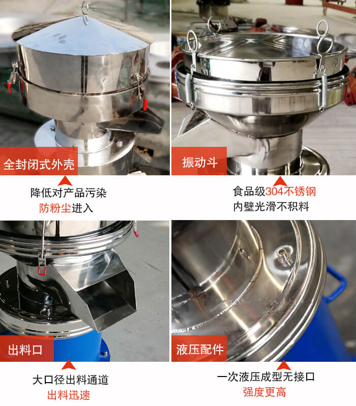 450過濾篩機(jī)結(jié)構(gòu)組成：全封閉式外殼設(shè)計(jì)：對產(chǎn)品的污染低，防塵粉進(jìn)入電機(jī)內(nèi)部延長設(shè)備壽命。振動(dòng)斗：食品304不銹鋼篩斗，內(nèi)壁光滑不存在積料現(xiàn)象。出料口，大口徑出料通道，出料迅速，提高工作效率。液壓配件：一次液壓成型無接口強(qiáng)度更高。