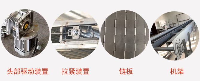鏈板輸送機結(jié)構(gòu)：頭部驅(qū)動裝置，拉緊裝置，鏈板，機架等圖片展示