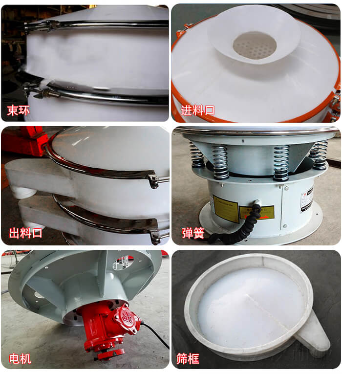 塑料防腐蝕振動篩細(xì)節(jié):進(jìn)料口，框體，網(wǎng)架底框，出料口等。