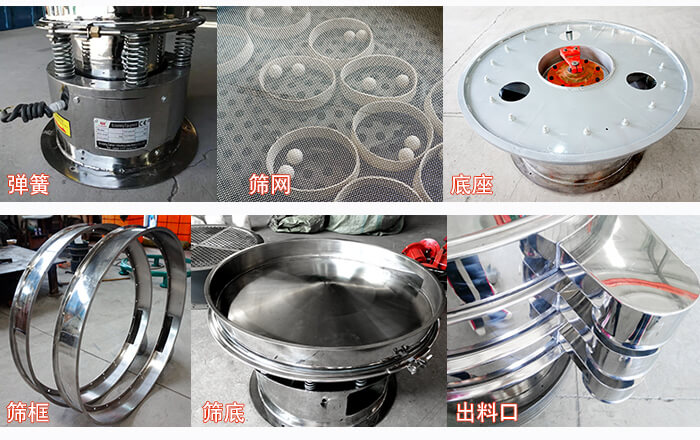 細節(jié)展示：篩框，篩網(wǎng)，振動底座，振動體，出料口。