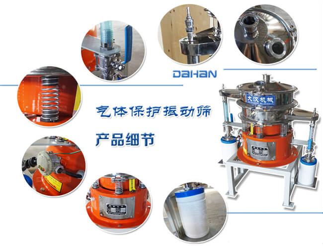 氣體保護(hù)振動(dòng)篩細(xì)節(jié)：振動(dòng)彈簧，手動(dòng)閥門，料罐等。