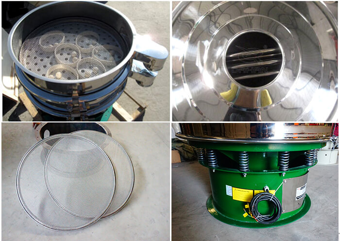 單層振動(dòng)篩細(xì)節(jié)：篩網(wǎng)，進(jìn)料口，振動(dòng)彈簧，彈跳球。