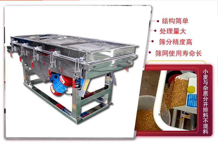 小麥清理振動篩結(jié)構(gòu)簡單，處理量大，篩分精度高，篩網(wǎng)使用壽命長。